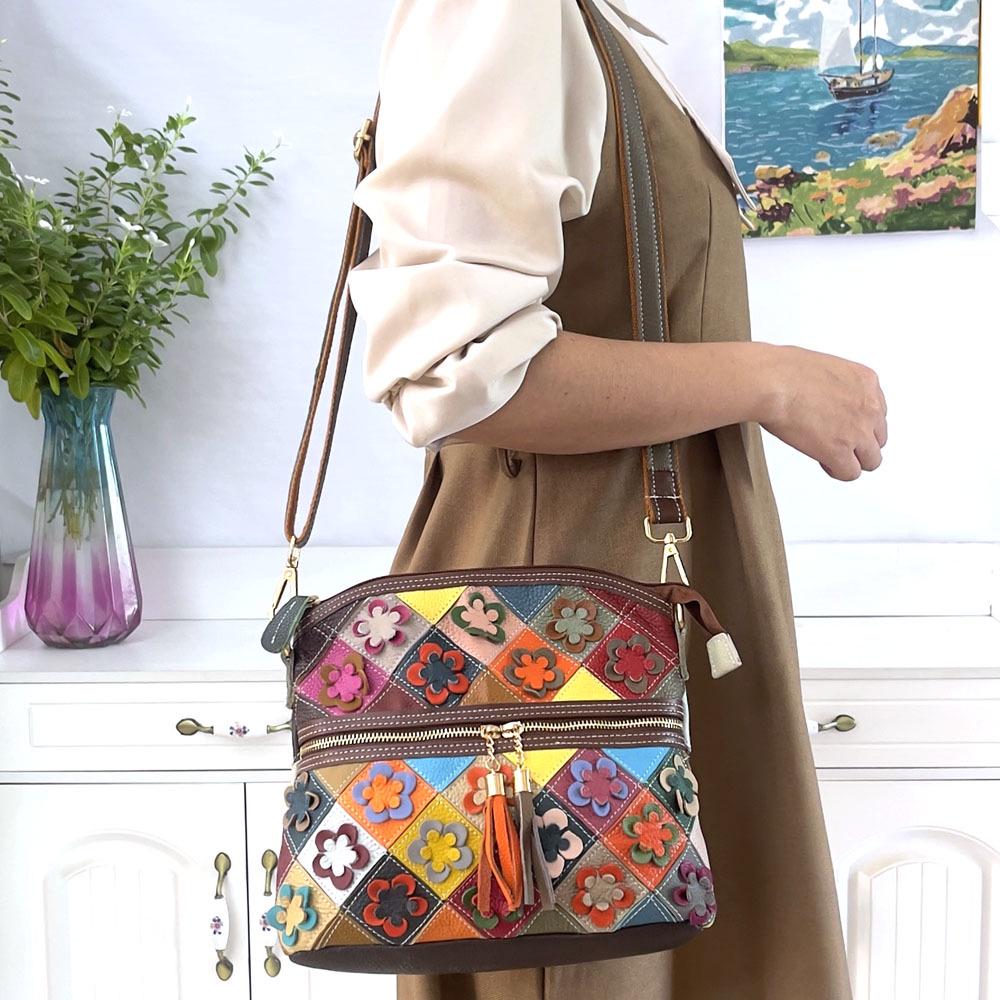 Torba Crossbody z prawdziwej skóry w patchwork kwiatowy z motywem kwiatu śliwy - Modna torebka damska w stylu europejskim i amerykańskim