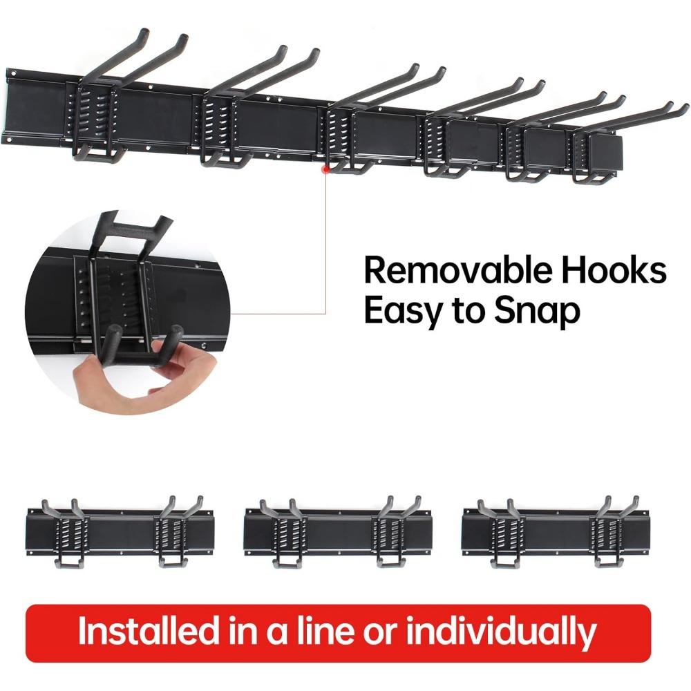 Garage Storage Rack Hooks, 48 Inch Heavy Duty Wall Mount Garage Organization with 3 Rails and 6 Adjustable Double Wall Hooks