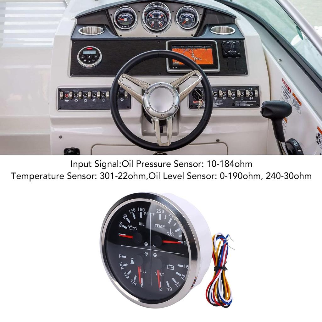 110mm 4 3/8in 4 in 1 Multifunction Gauge DC 12V 0-150PSI Oil Pressure Fuel Level 100-250℉ Water Temp 8-16V Voltmeter for RV Boat Truck (Black Dial