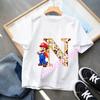 2026 Super Mario Boys and Girls Cartoon letter AZ Printed Birthday Clothing Childrens Fashion Short Sleeve Role Playing Top
