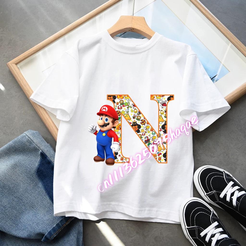 2026 Super Mario Boys and Girls Cartoon letter AZ Printed Birthday Clothing Childrens Fashion Short Sleeve Role Playing Top