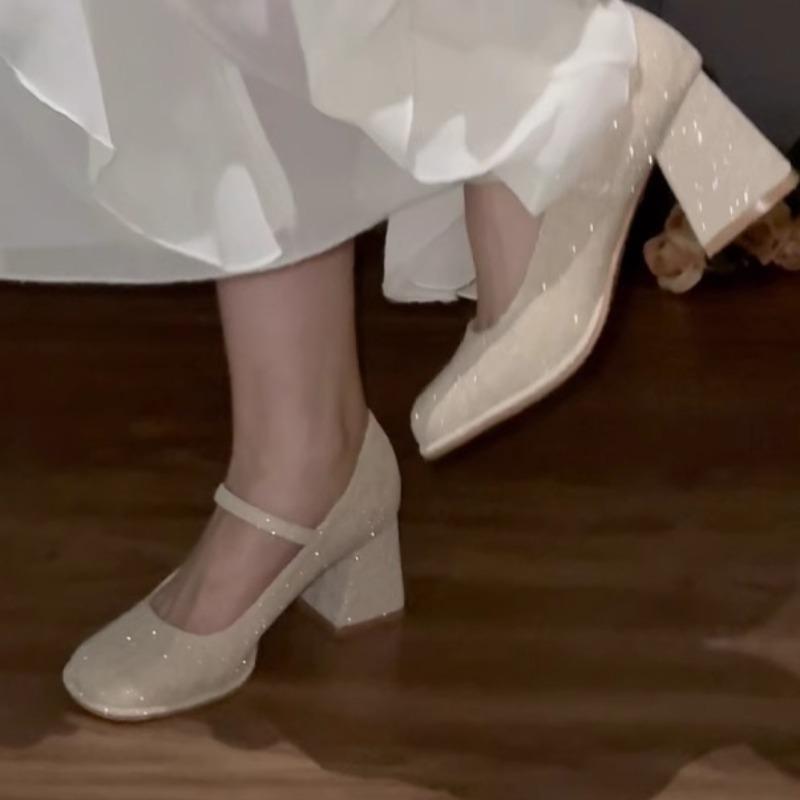 Fashion Women's Spring and Autumn New Round Toe Shallow Mouth Anti-slip Wear-resistant Mary Jane Shoes Block Heel High Heels