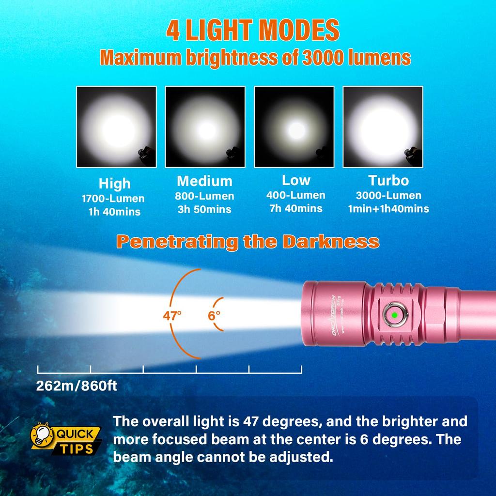 ORCATORCH D710 Underwater Diving 3000 150 Meters Underwater Light, Lumens, IP68, (Pink)