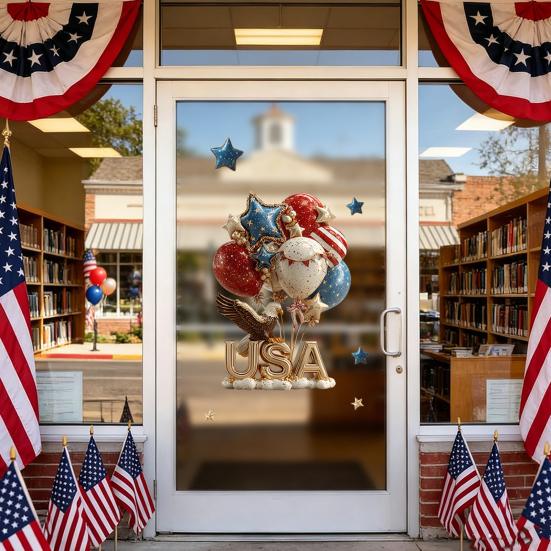 4th of July Window Clings Patriotic American Flag Red Blue White Tree Balloons Stickers Independence Memorial Day Static Decals for Store Glass Decor