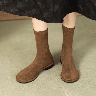 Elegantes Botas de Media Caña de Ante para Mujer con Tacones Bajos y Punta Redonda Moda Otoño Invierno 2025 Calientes Zapatos de Media Pantorrilla para Señoras en Promoción