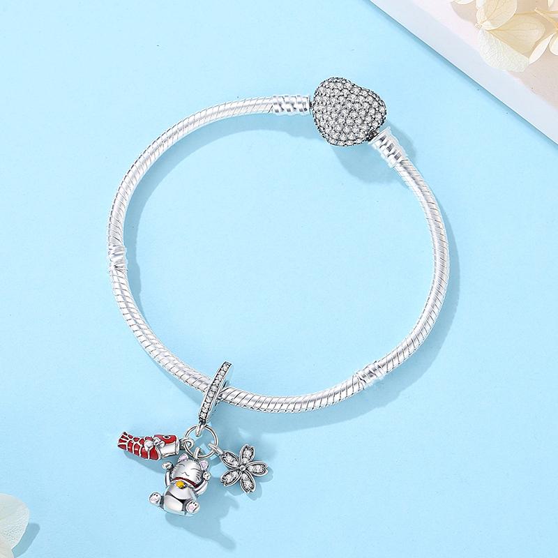 Original 925 Sterling Copper Charms Maneki Neko Lucky Fortune Cat Beads Pave CZ Fit Brand Bracelets Necklaces Women Zircon