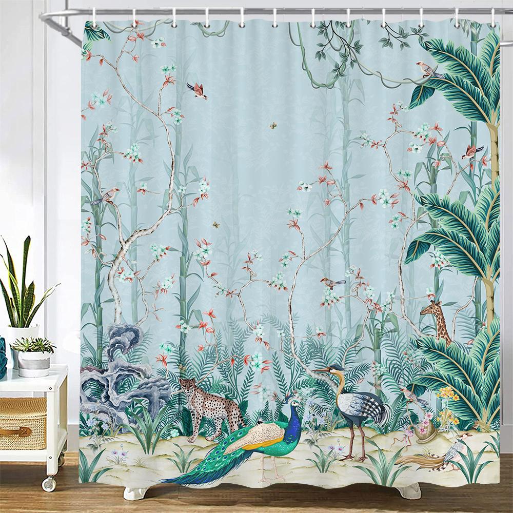 Chinese Style Flower and Birds Tree Shower Curtains Bath Curtain Waterproof Bathroom Decor With Hooks 3d Printing Bath Curtain