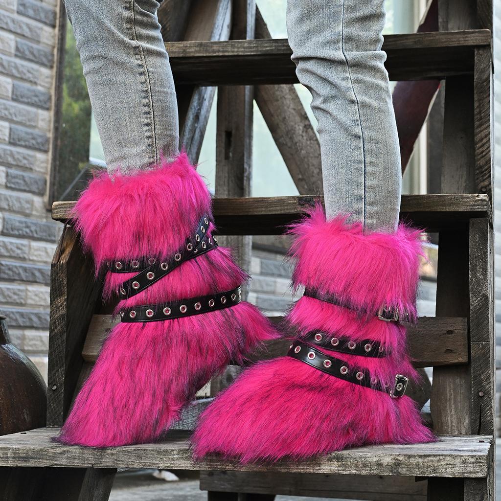 Fashion Faux Fur Boots Women Winter Snow Boots Luxury Fluffy Fuzzy Short Botas Warm Cozy Mid-Calf Botas Mujer Cross Belt Buckle PlusSize