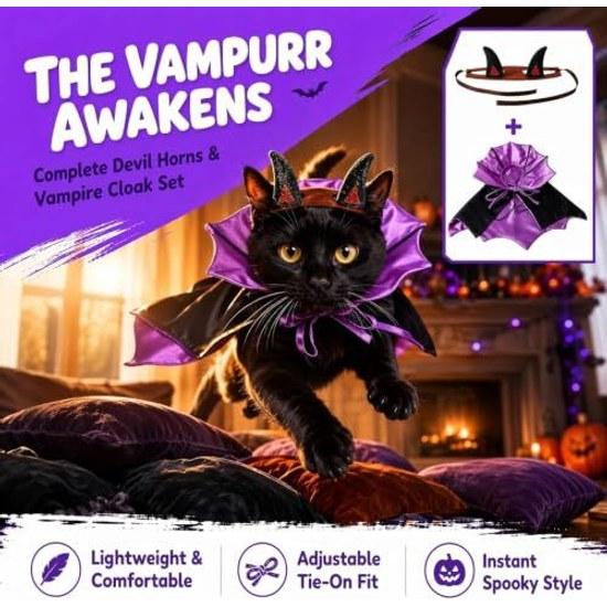 Hund Katze Halloween Kostüm 2-teiliges Set Fledermaus Umhang Teufelshorn Stirnband Haustier Outfit (S ca. 1,54 kg Rot)