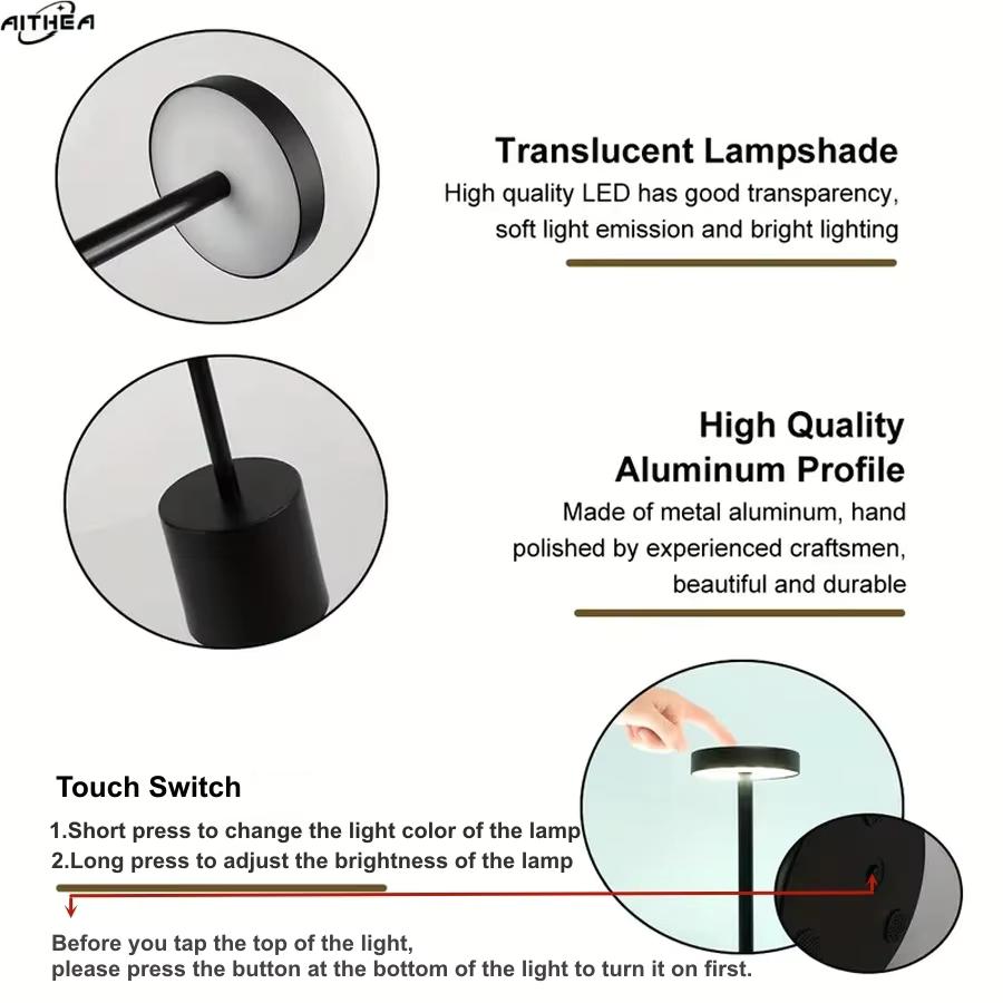 AITHEA Type C Rechargeable LED Table Lamp Touch Switch Bedside Night Light Portable 3 Color Desk Lamp for Club Bar Room Outdoor