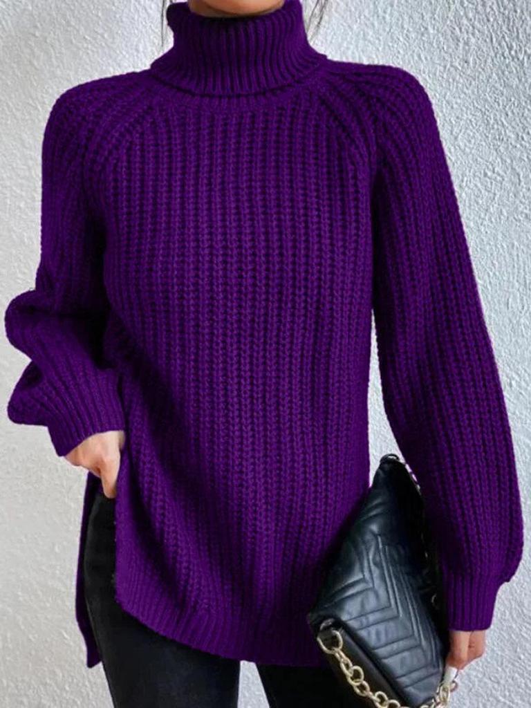 2026 Autumn/Winter Women's Knitted Mid-Length Raglan Sleeve High Turtleneck Slit Sweater Dress