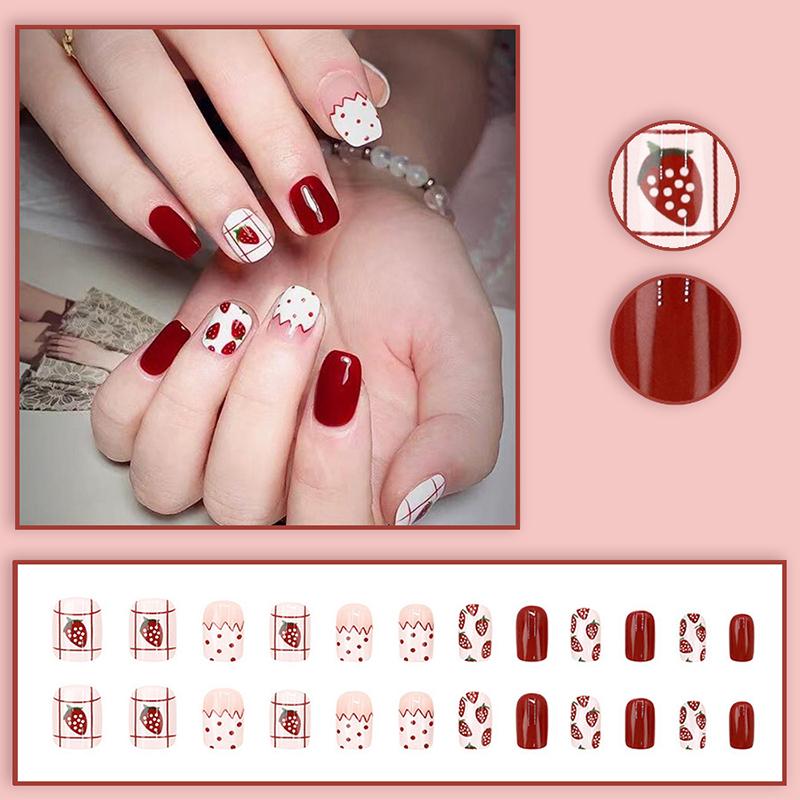 

Клубника в горошек 24 шт. Накладные ногти с градиентом Глянцевый искусственный маникюр для пальцев Многоразовые накладные ногти