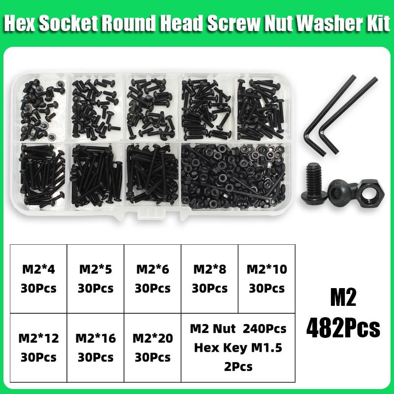 

Комплект винтов с шестигранной головкой под ключ, M2 M2.5 M3 M4 M5 M6, черные, класс прочности 10.9, болты с круглой головкой под шестигранник, UNC, в ассортименте с гайками и шайбами