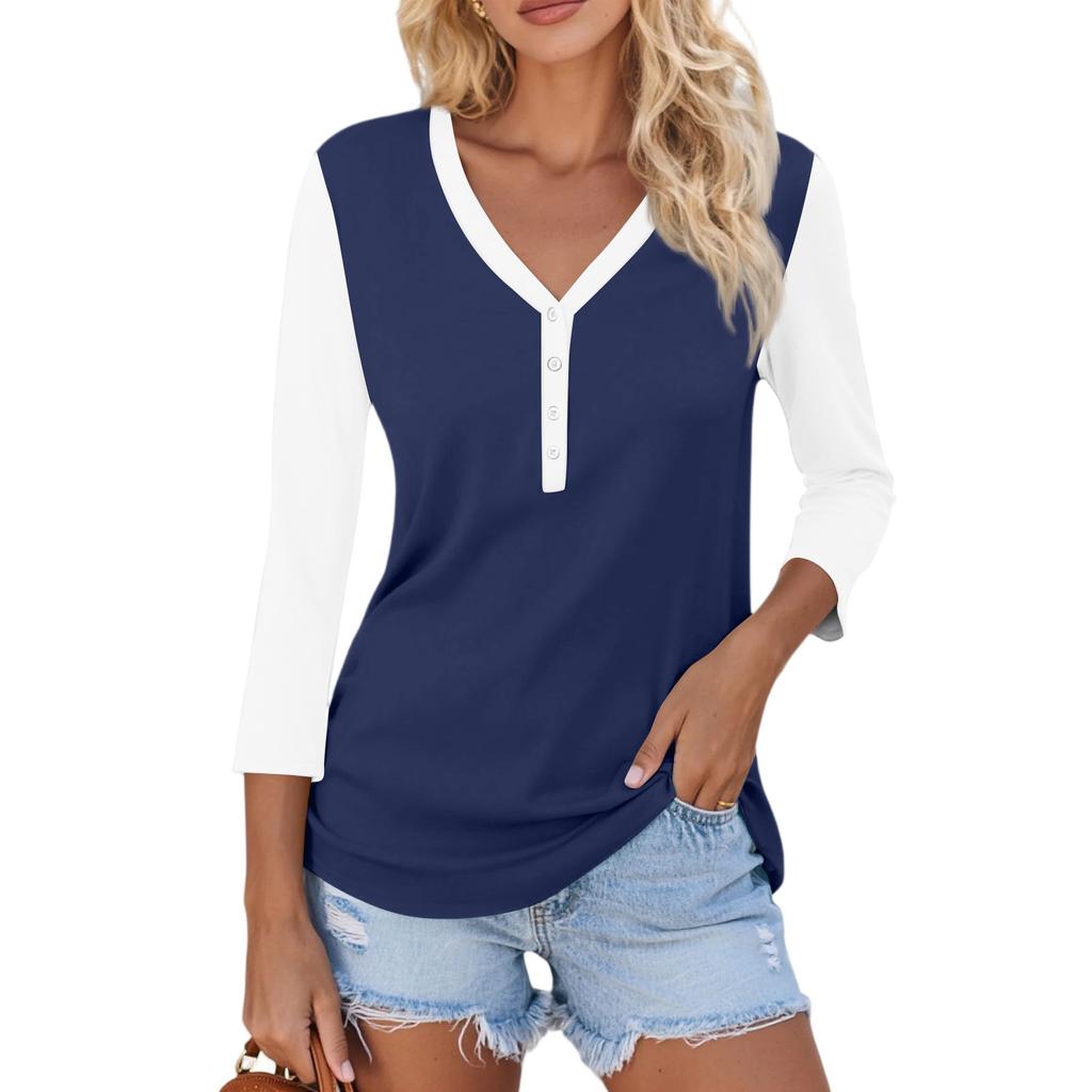 Women's Casual Fashion Sexy Comfortable V-neck Button Stitching Color Three-quarter Sleeve Top