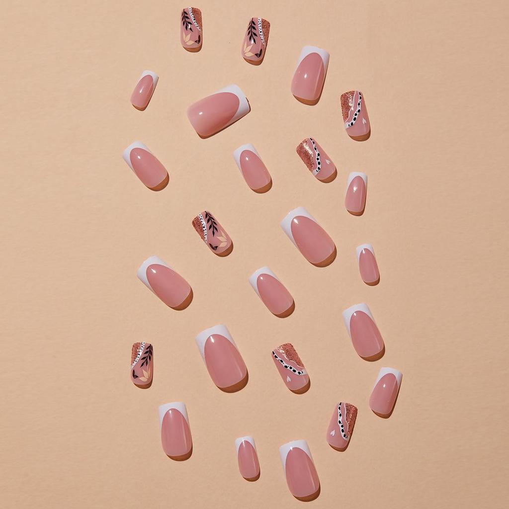 French Glitter Leaf Nail Tips: European & American Style False Nails