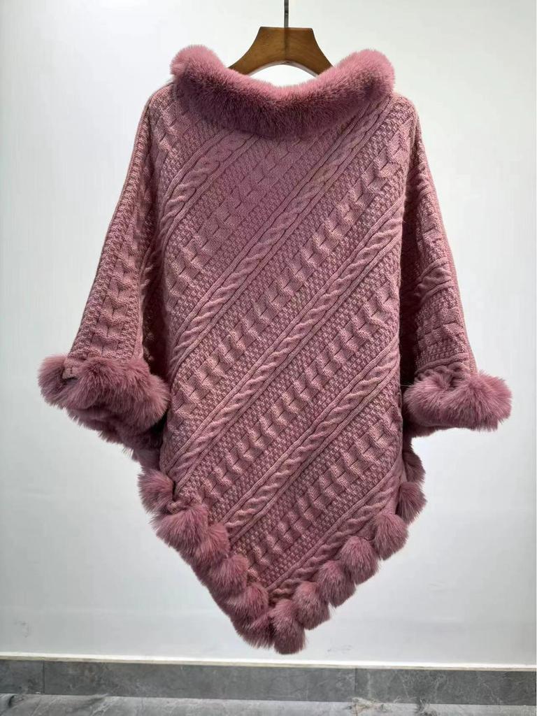 Plus Size Women's Knitted Pullover Shawl with Faux Rabbit Fur Collar - European & American Autumn/Winter Collection
