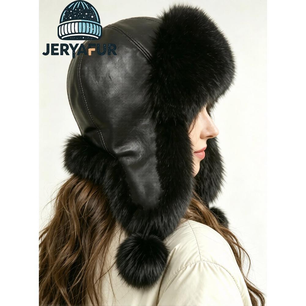JERYAFUR Women White Ushanka Trapper Hat, Faux Fur Ear Flap with Pom Poms Warm Ladies Winter Cap for Snowy Cold Weather