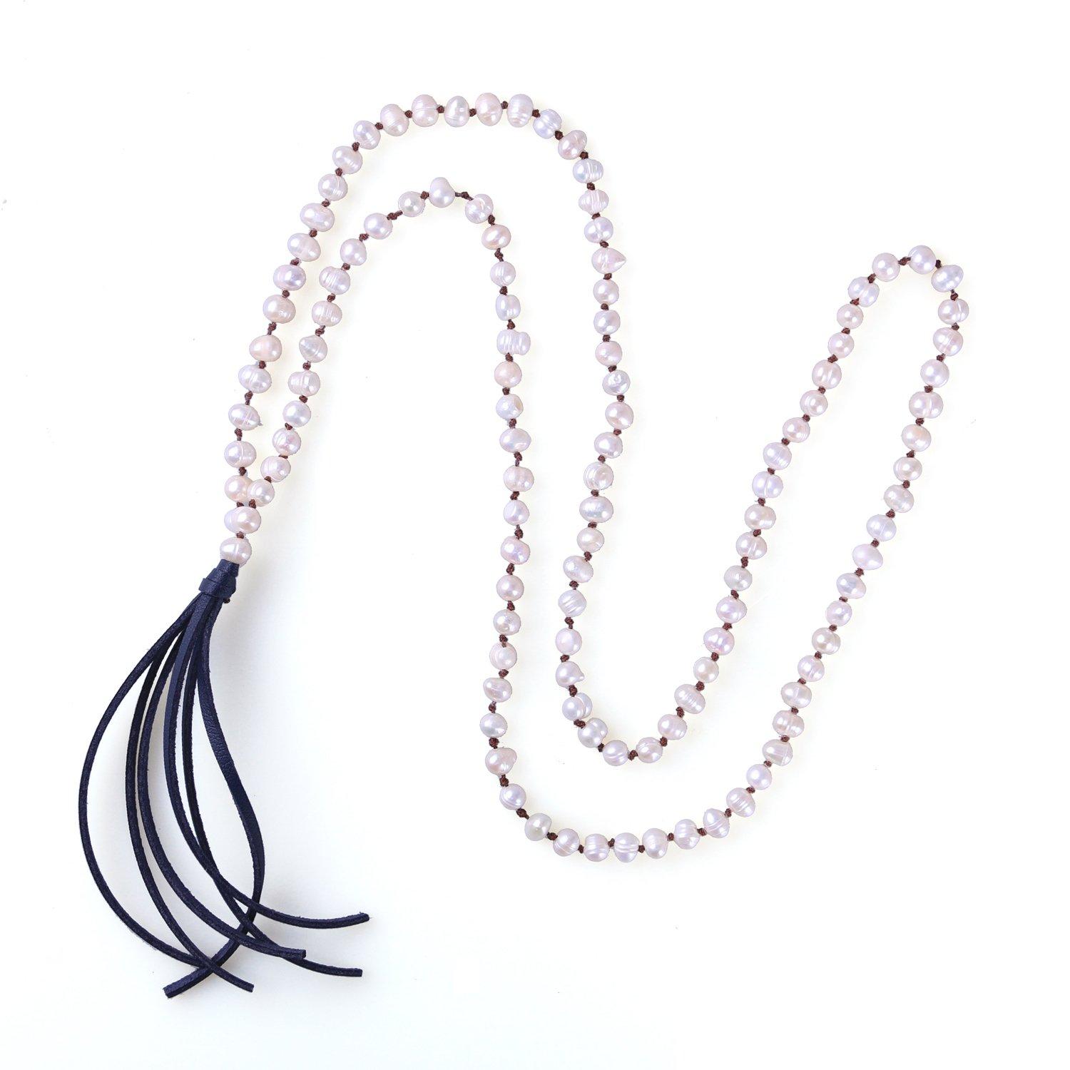 KELITCH June Birthstone Pearl Necklace for Women, Long Beaded Necklace with Tassel (Lake Blue)