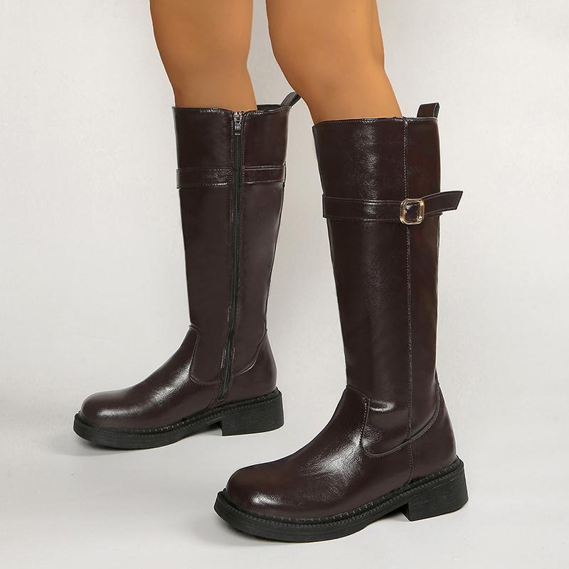 Fashion Buckle Platform Knee High Boots Women Side Zipper Pu Leather Long Boots Woman Wide Toe Thick Sole Riding Botas Mujer
