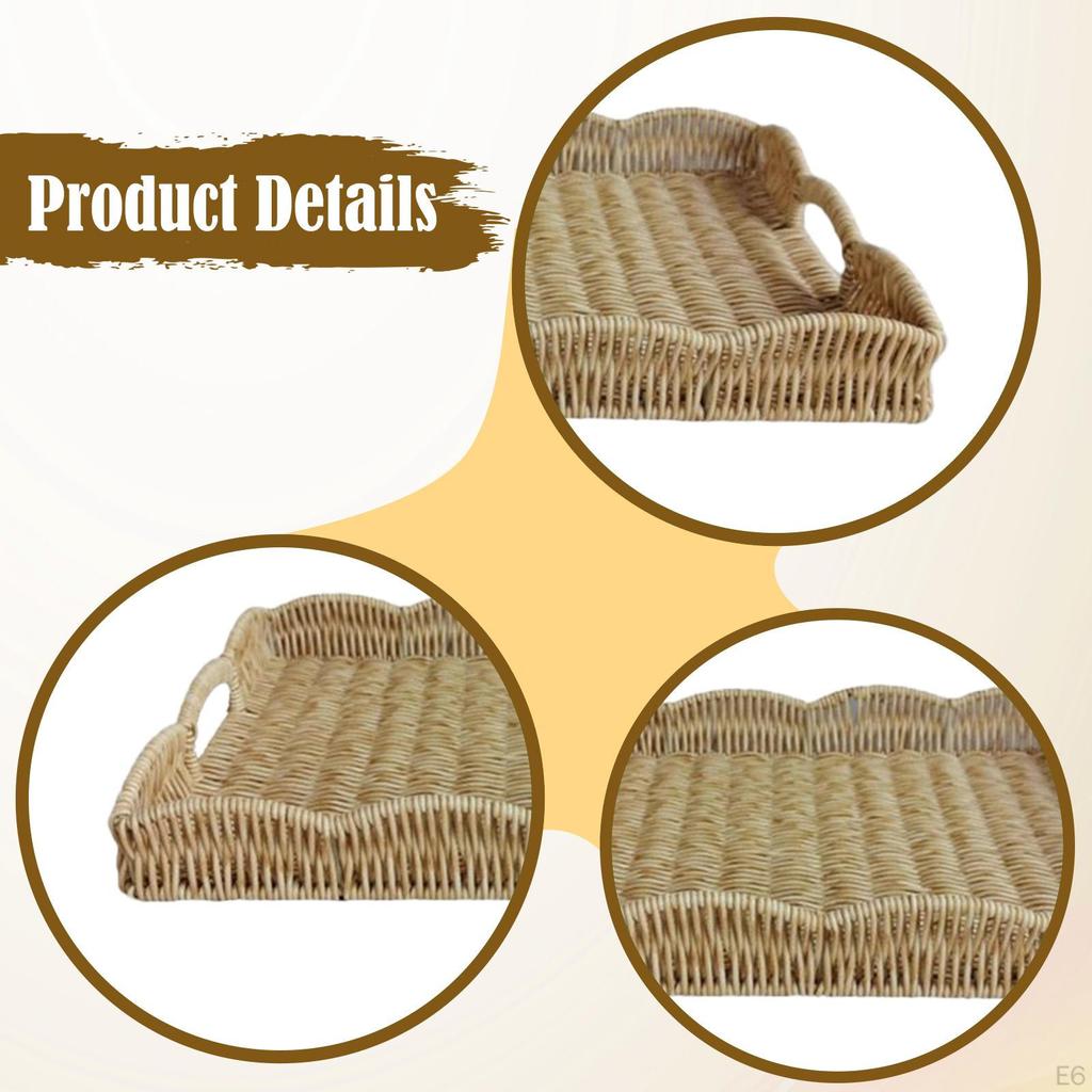 Hand Woven Imitation Rattan Serving Tray with Handles for Breakfast, Drinks, Snack Dining/Coffee