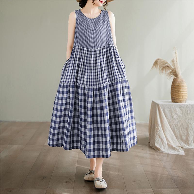 

ZANZEA Женское повседневное летнее платье без рукавов с круглым вырезом и принтом в клетку S синий