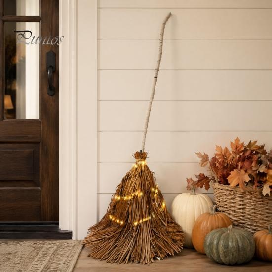 Rustic Farmhouse Fall Decorations 5.5 Ft Giant Light-up Witch Broom, Vintage Twig Broom with String Light, Charming Themed Party Supplies Decoration
