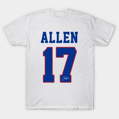 Asian Size Men Black Print T-shirt Josh Allen - Team Jersey # 17 V3 No-Cut Heat Transfer Print Cotton Tshirt