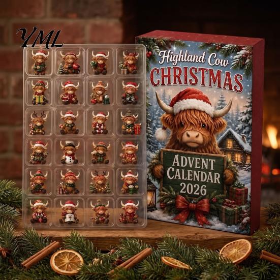 Kids Christmas Countdown Toy 2026 Highland Cow Advent Calendar, 24-Day Acrylic Ornament Set with Surprise Gift Boxes Mini Figures, Tree Hanging Decor,