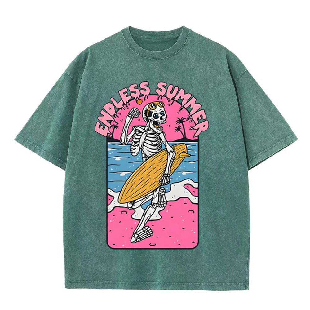 2026 Vintage Skeleton Surfer Endless Summer Graphic Black Acid Washed T Shirt Pink Beach Palm Tree Retro Cartoon Oversized Unise