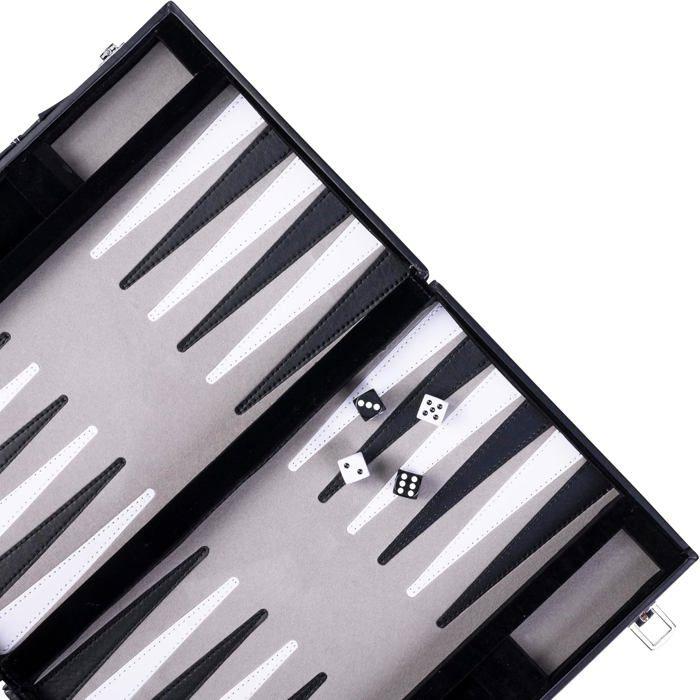 Backgammon 15"; 38 cm, dans Une Valise, Feutre et Simili Cuir surpiqués (Noir/Blanc/Gris)