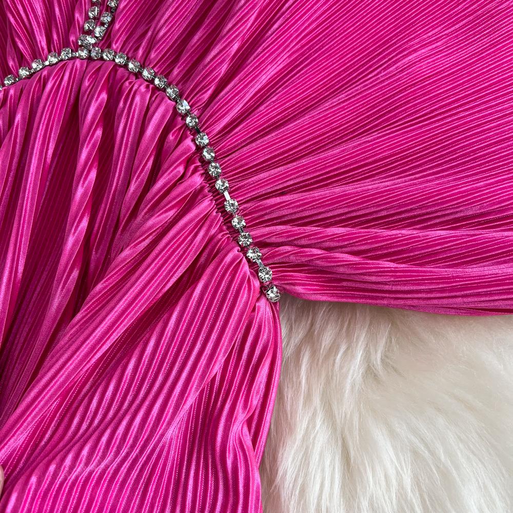 High-end Sexy Temperament Lose Design V-ausschnitt Open-back Taille Fledermaus-ärmel Plissee Kleid Sommer