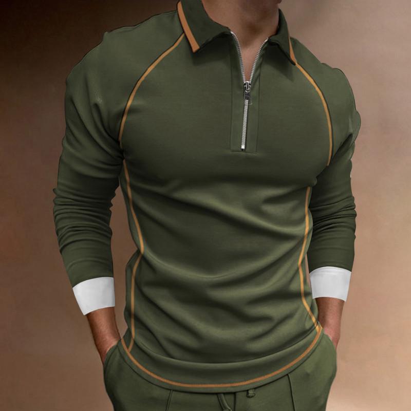 Men's Zip Patchwork Lapel T-Shirt Long Sleeve Polo Shirt Men's Long Sleeve Sweatshirt T-Shirt