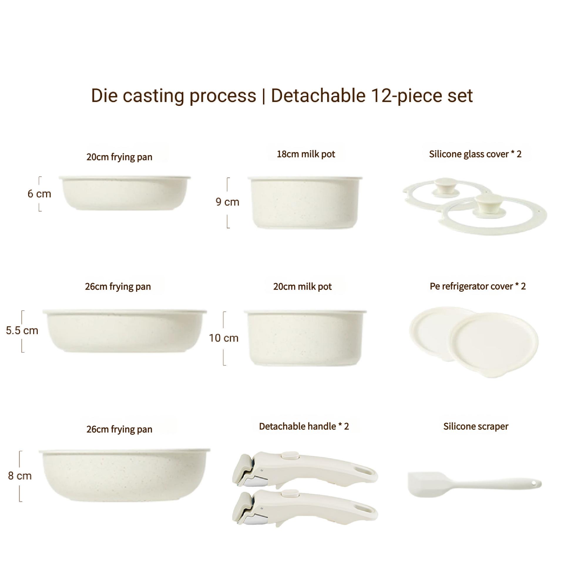 

Набір посуду зі знімною ручкою Гранітне покриття Антипригарні каструлі Молочник Сковорода Сотейник Компактний кухонний набір Штабельоване зберігання Індукційна плита Каструля 12pcs