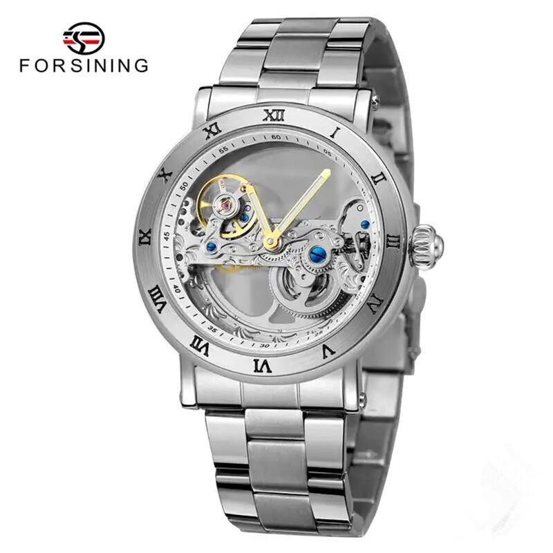 Forsining New Fashion Transparent Skeleton Mechanical Watch Men Leather Waterproof Luminous Hands Steampunk Automatic Watches