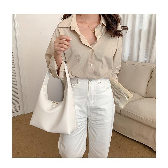 

Milk tea bag women s commuting large capacity shoulder armpit bag 2025 summer Korean version retro soft leather tote bag белый