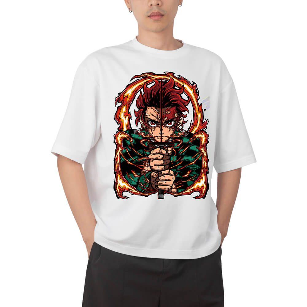 Demon Slayer Tanjiro Kamado Hinokami Kagura Flame Circle Anime Print T Shirt Men 2026 Summer Casual Streetwear Oversized Cotton