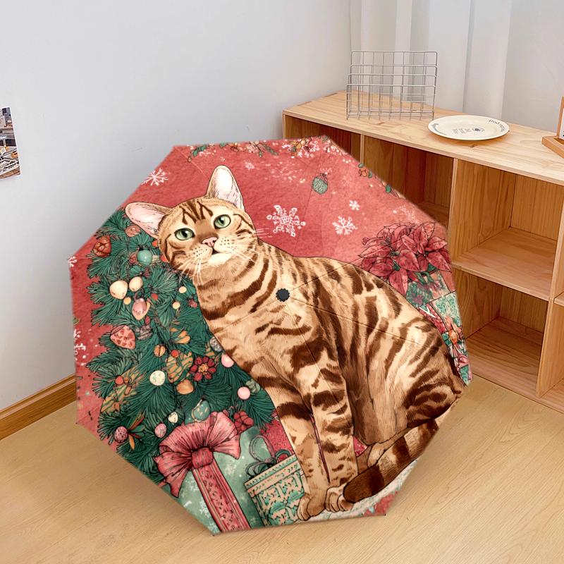 Weihnachtskatze, automatischer Regenschirm, tragbares und faltbares Design, 8 Schirmstäbe, ein Weihnachts- oder Geburtstagsgeschenk.