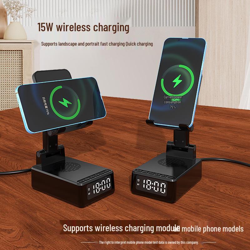 Portable Multifunction Wireless Charging Alarm Clock with Bluetooth Speaker & Phone Stand