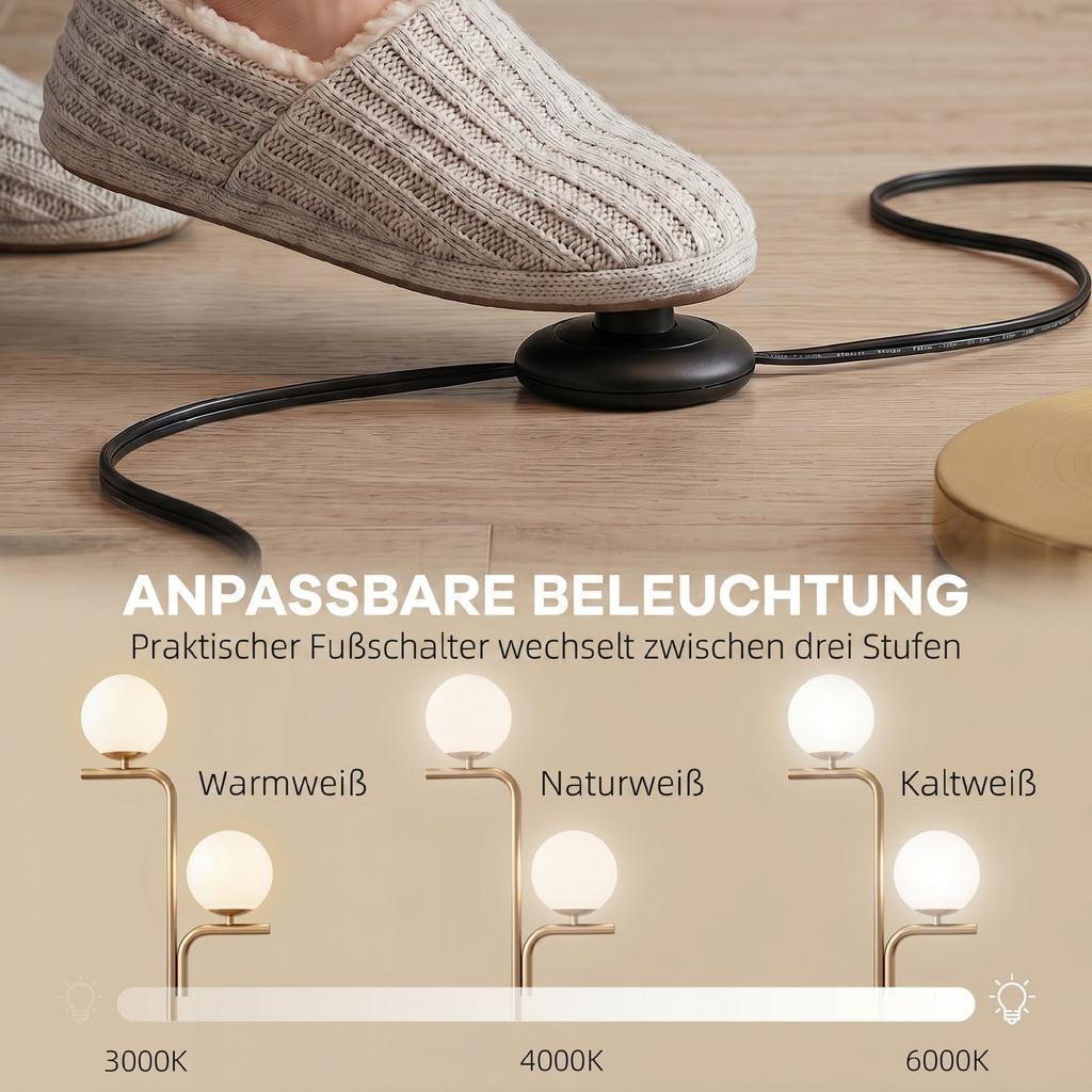 LED Floor Lamp, Modern Lamp with 3 Color Temperatures, Glass Globe Shades and Foot Switch, Gold