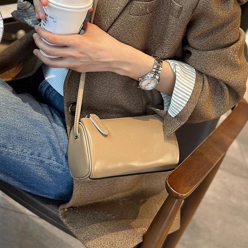 Cylinder Bag Genuine Leather Mini Bag for Mobile Phone Soft Leather Shoulder Bag All Crossbody Bag