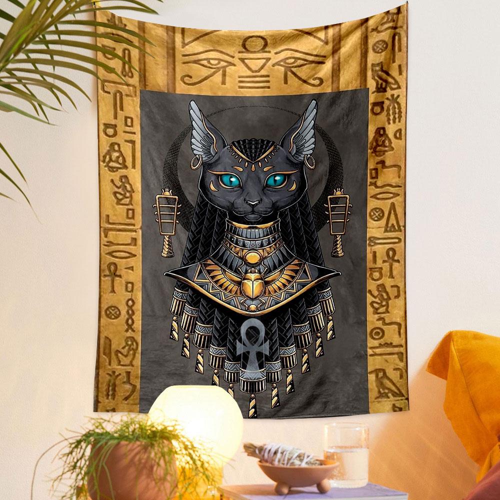 "Egyptian Cat Goddess with Ankh Symbol" Patterned tapestry home decor, suitable for bedroom and living room, gift