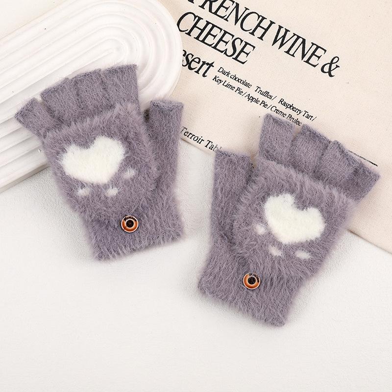 Winter Thicken Cat Paw Pattern Gloves for Women Girls Outdoor Warm Plush Mittens Fashion Solid Soft Plush Half Finger Gloves