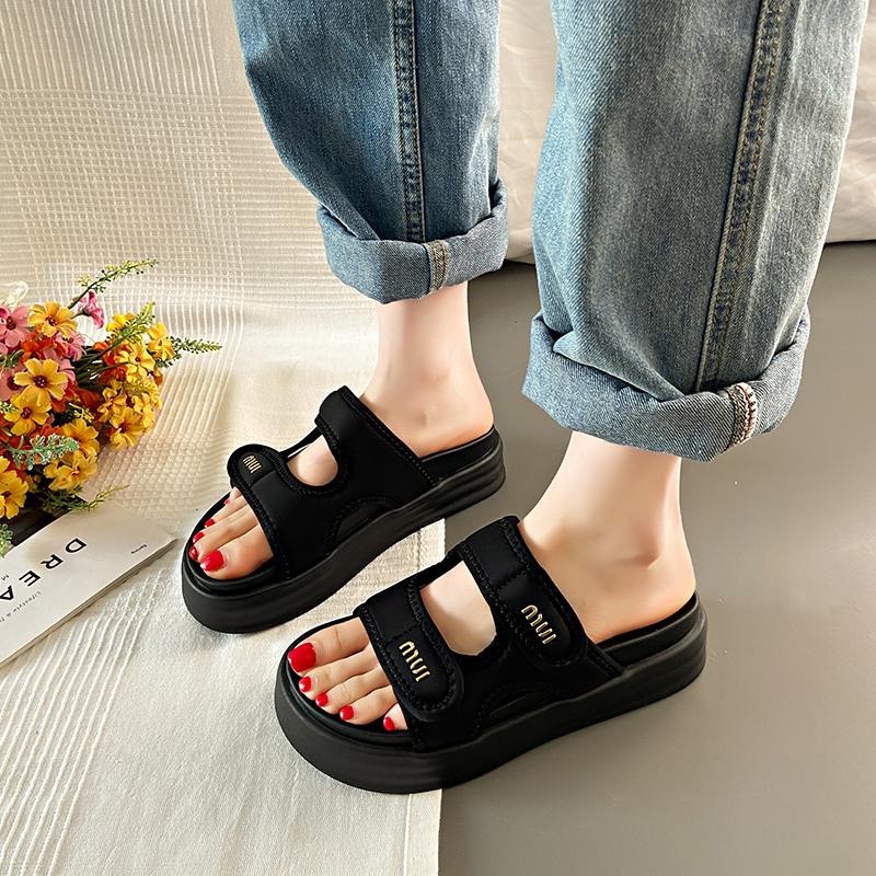 CRLAYDK Women Flat Sandals Open Toe Hook&Loop Adjustable Double Straps Platform Slippers for Summer Ladies Slides