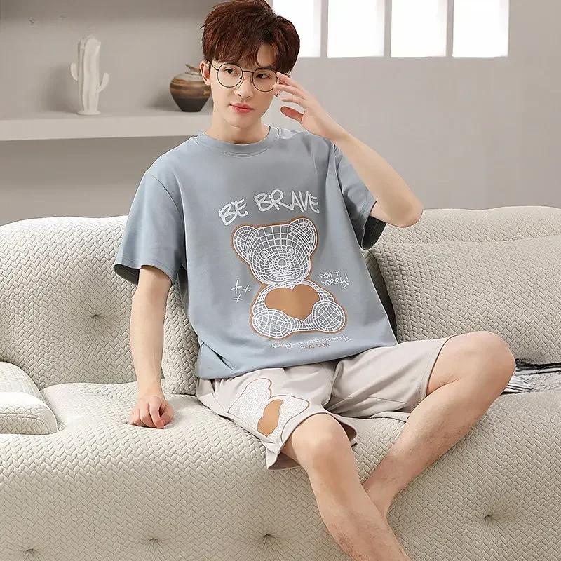 Summer Cartoon Mens Pajamas Set Short Tops Shorts Pijamas Cotton Men Sleepwear Fashion Loose Pyjamas Homewear