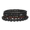 Cross Men's Multi-layer Bracelet Set: Black Gallstone, Volcanic Stone, Wood Beads. Elastic Jewelry.