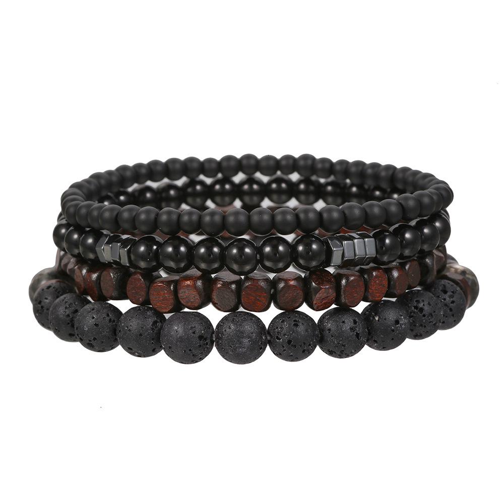 Cross Men's Multi-layer Bracelet Set: Black Gallstone, Volcanic Stone, Wood Beads. Elastic Jewelry.