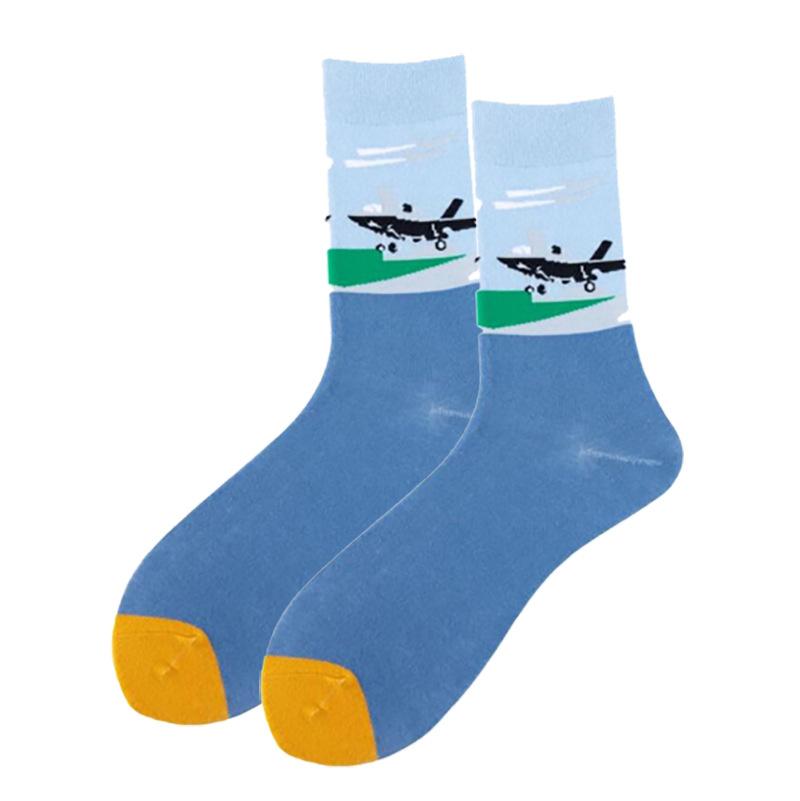 1Pair Funny Ins Astronaut Airplane Heavenly Body Middle Tube Men Happy Socks Streetwear Cotton Male Skateboard Boys Adult Sox