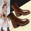 Women's short boots with chunky heels and thick soles in British style New Year's High Heel Brown Retro Spring and Autumn Boots