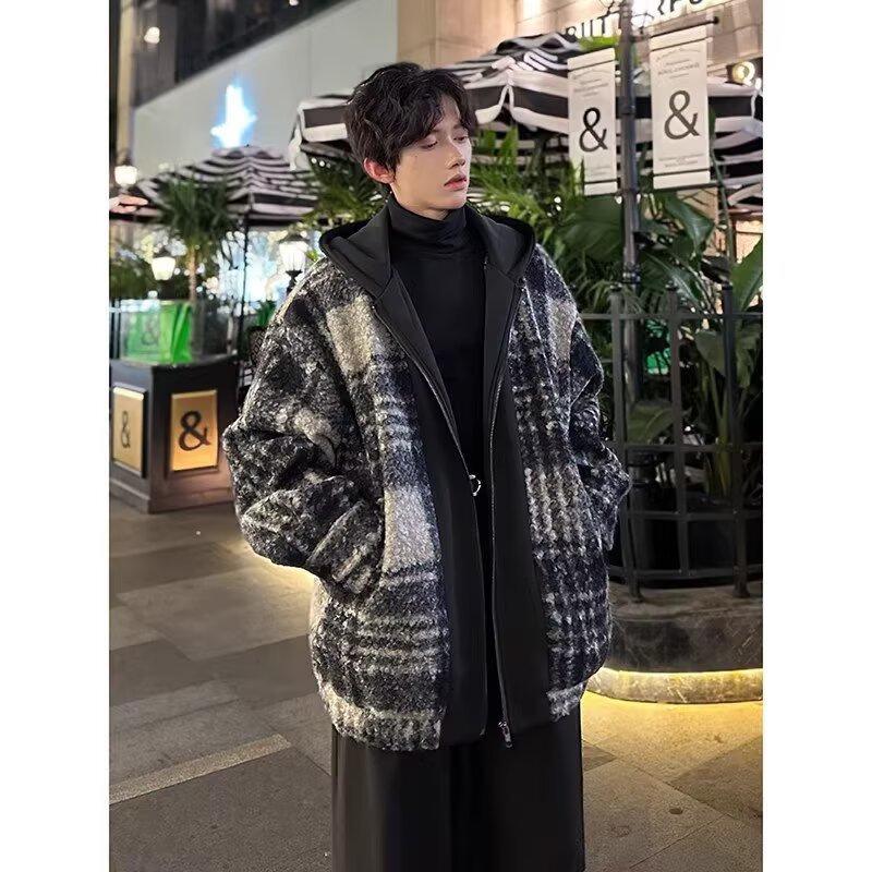 Men's Retro Plaid Patchwork Wool Hooded Jacket - Double-Sided, Thickened Outerwear for Autumn/Winter