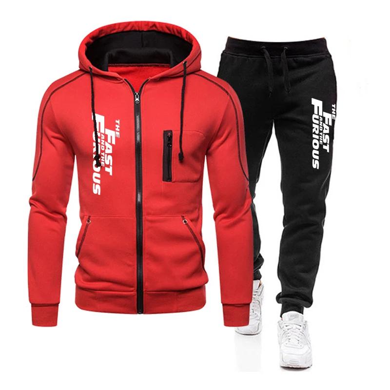Autumn and Winter Fashion Men's Sportswear Zipper Hooded Jacket 2-piece Set, Fast and Angry Printed Casual Jacket